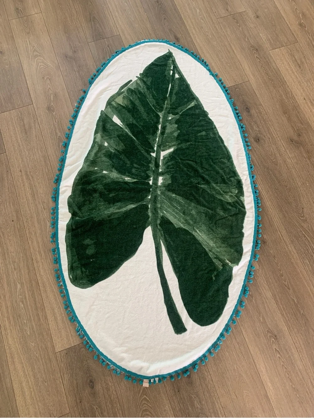 Botanical Tropical Green Leaf Oval Beach & Bath Towel with Teal Pom Pom Fringe